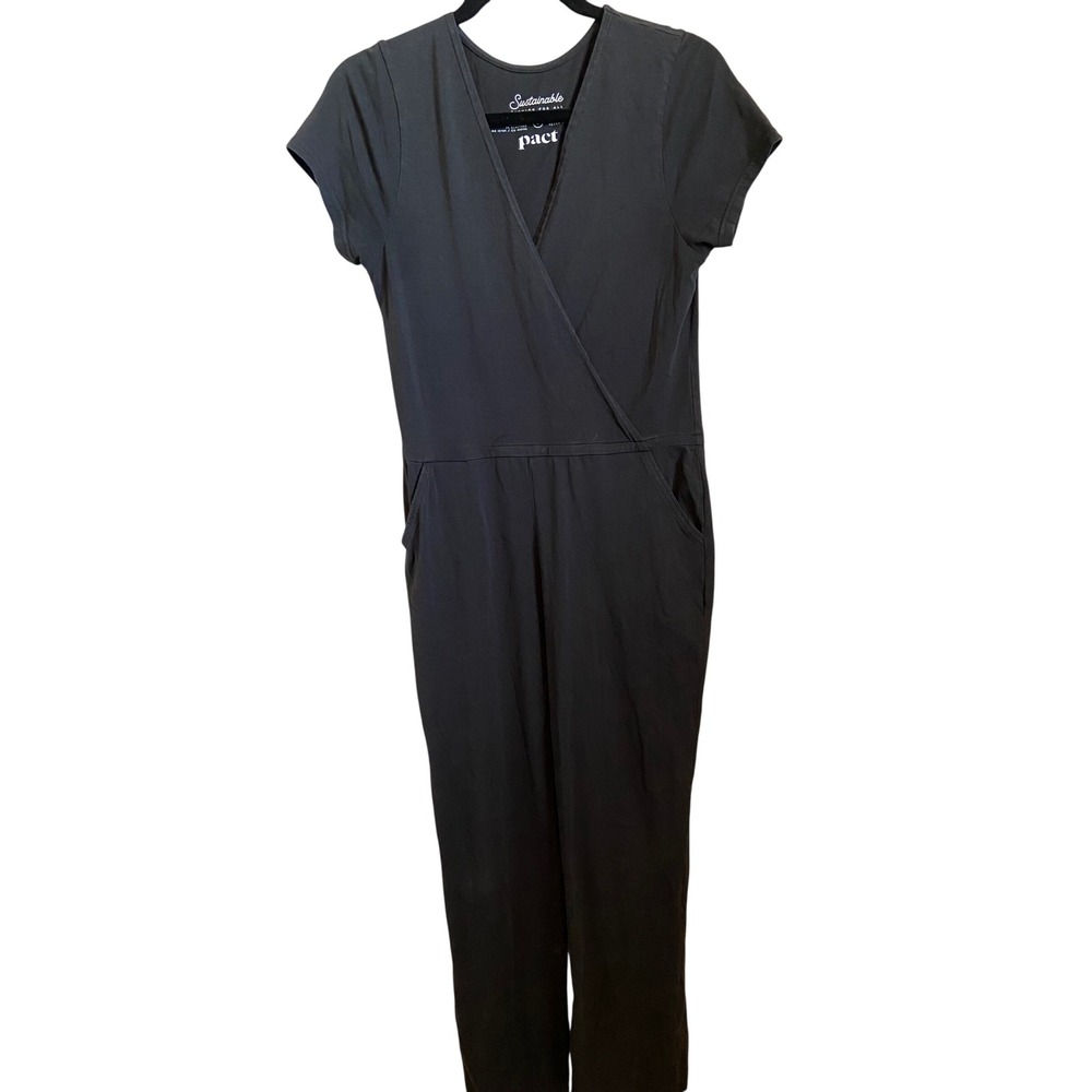 Pact Organic Cotton Wrap Front Jumpsuit Charcoal Gray Short Sleeve Small
